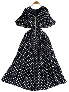 <span class=keywords><strong>Robe</strong></span> en mousseline de soie vintage à <span class=keywords><strong>pois</strong></span> rouges à manches évasées amincissante pour femmes Design d'été - Product Image 5