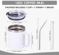 Thermos de café en acier inoxydable 12OZ (350ML) sans BPA, isolation 6-12 heures, poignée thermique, couvercle hermétique, 2 pailles, 2 accessoires de nettoyage