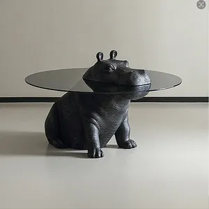 Table à thé créative pour animaux Matériau FRP Surface en verre épaissi Table d'appoint de salon Hippo Petite table pour salle de café