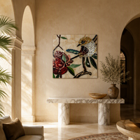 Mural Mosaik Seni Kaca Buatan Tangan Khusus dengan Motif Burung, Bunga, dan Batu untuk Dinding Fitur Villa, Hotel, dan Lobi