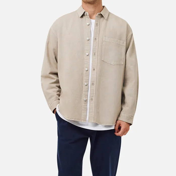 ZM-982 Custom High Quality Cotton and Linen Blend Shirt Jacket All-button shirt with curve bottom Men Shirt Wheat color