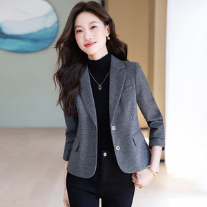 Women's Wool Blazer Gray Solid Color Slim Fit Anti-Wrinkle Suit Jacket For Spring Autumn - Product Image 1