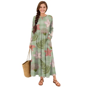 Elegante Abito Lungo a Maniche Corte con Collo Rotondo per Donna (Stampato su Richiesta) Stampa floreale hawaiana personalizzata. - Product Image 5