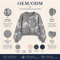 Suéter informal gris acogedor de manga larga para mujer, estilo primaveral, con lazos