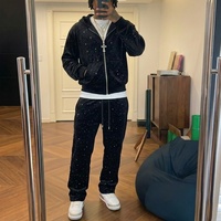 Ensemble de survêtement Terry en velours noir orné de strass avec sweat à capuche zippé et pantalon de jogging large – Confortable pour le streetwear et la course à pied