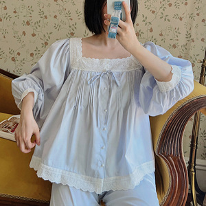Conjunto de Pijama de Algodón con Cuello Cuadrado y Pliegues Acordeón, Estilo Retro Elegante, Manga Larga, para Mujer, Primavera-Otoño, Nuevo, Holgado y Dulce - Product Image 3