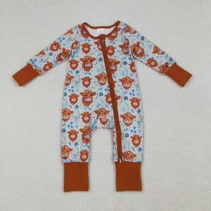 RTS Highland Cow Flowers Pelele con cremallera para bebé niña, Ropa de moda al por mayor para boutique, Ropa infantil de fábrica, Ropa occidental para niños pequeños - Product Image 3