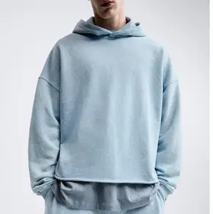 vintage wash men's cotton oversized drop shoulder raw hem cropped hoodie streetwear pullover hoodies for men clothing 2024