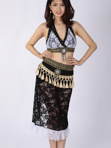 Sexy Tribal Dança do Ventre Traje Set Egípcio Cigano Dança Do Ventre Halter Colheita Top Frisado Borla Rendas Envoltório Saia Quadril Lenço - Product Image 5
