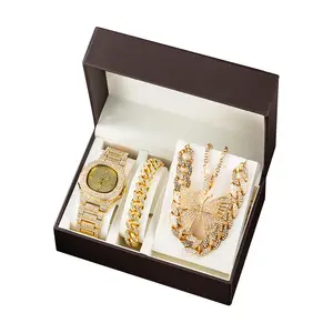 여성 라인 석 팔찌 목걸이 3pcs 세트 선물 상자 과장된 쿠바 링크 체인 나비 장식 전체 다이아몬드 시계