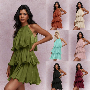 Abito Elegante Estivo da Donna con Collo ad Anello Senza Maniche, Gonna Corta in Chiffon di Alta Qualità con Orlo a Volant, Mini Abito <span class=keywords><strong>Boho</strong></span> - Product Image 2