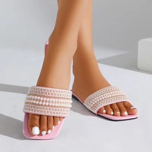 Sandales plates élégantes en perles pour femmes, nouveau style d'été, bout carré ouvert, maille, semelle souple, antidérapantes, résistantes à l'usure, légères - Product Image 5