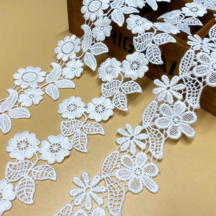 LS767 Wholesale Milk Silk Polyester Silk Rose Leaf Embroidery Water-soluble Lace Trim for Wedding Dress Decoration