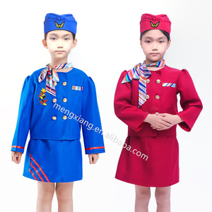 Azafata de avión roja y azul con sombrero, bufandas, juguete para <span class=keywords><strong>niña</strong></span>, Cosplay, azafata, avión, juego de ropa de trabajo de carrera - Product Image 3