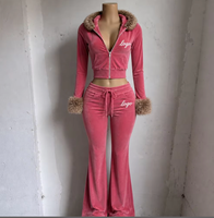 Nouvel ensemble de survêtement pour femme, hiver, Noël, imprimé léopard, fausse fourrure, à capuche, 2 pièces, sweat à capuche court zippé + pantalon évasé coordonné
