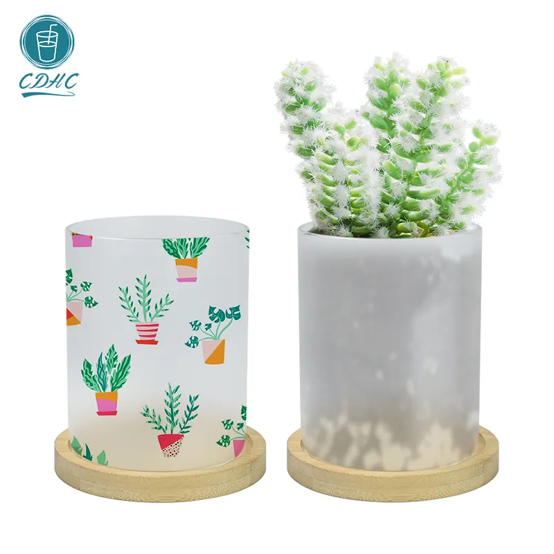 Garden glass pot vase indoor outdoor Household table ornaments frosted sublimation glass flowerpot with wood bottom