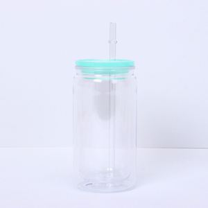 Stylish Clear Transparent 16oz Double Wall <b>Plastic</b> Mason Jar with Lid Straw for Takeaway Delivery Bubble Tea - Product Image 3