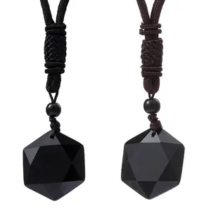 Colar com pingente de estrela de david, colar de pingente de quartzo com cristal de solomão, joia preta e natural de obsidiana