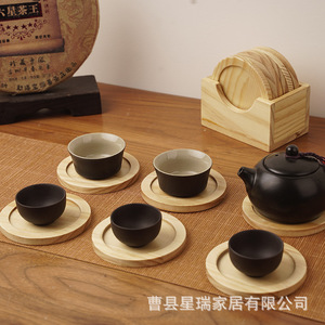 Japanese-style solid wood round <b>teacup</b> coasters, placemats, coffee cup heat insulation mats, 6-piece tea set, wooden tea - Product Image 2