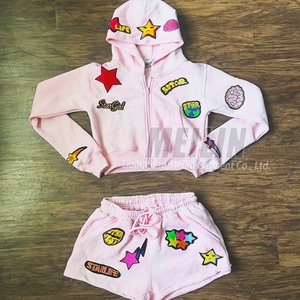 Custom Two Piece Applique Patch Cotton French Terry Green Acid Wash <b>Zip</b> <b>up</b> Hoodie and Shorts Set Tracksuits Sweatsuits Set Women - Product Image 4