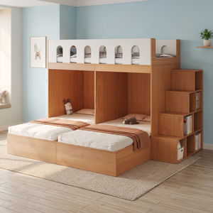 Lit superposé minimaliste en bois, taille twin, avec escalier de rangement pour enfants - Product Image 2