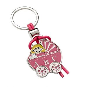 Portachiavi Rosa a Forma di Passeggino con Ciondolo Bambina e Design ABC, Anello Argentato e Cordino Rosa - Product Image 1