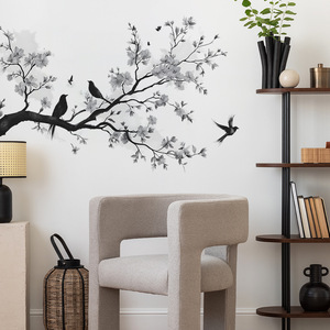 Autocollants muraux en PVC de style chinois, motif floral noir avec oiseaux, décoratifs pour chambre et salon - Product Image 6
