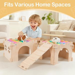 ZJH Lot de <span class=keywords><strong>2</strong></span> niches rustiques en bois de pin pour cochon d'Inde et lapin, avec escaliers et tapis doux pour furets, chinchillas et petits animaux - Product Image 2