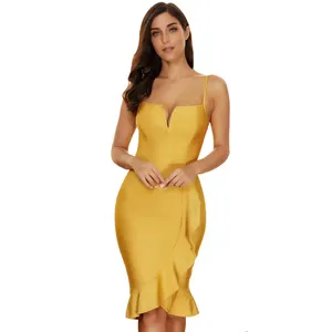 2024 Designer Women Famous Brands Clothes Knee Length Backless V Neck Strap Front Slit Ruffled Hem Sexy Summer Women Dress