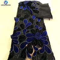 Tissu en dentelle de velours floral 3D Sinya de luxe avec paillettes et perles, 5 yards, magnifique broderie perlée, dentelle française en maille pour mariage et fête