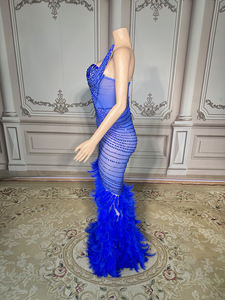 Abito da Cocktail con Piume Blu Diamante, Elegante Vestito Formale con Cristalli, Abito da Ballo per Donne - Product Image 5