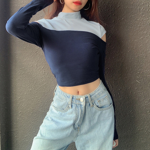 <span class=keywords><strong>Crop</strong></span> <span class=keywords><strong>top</strong></span> à manches longues t-shirt <span class=keywords><strong>blanc</strong></span> pour les femmes t-shirt à deux tons couleur bloc t-shirt dames - Product Image 5