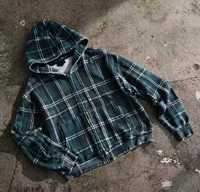 Blouson à capuche personnalisé en flanelle thermique à carreaux et tricot gaufré, brodé, double couche, délavé, zippé, effet usé, pour hommes