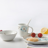 Vaisselle en céramique de dessin animé créatif, ensemble d'assiettes, tasse de chat de natation mignon, assiette à dessert, bol à salade, cuillère