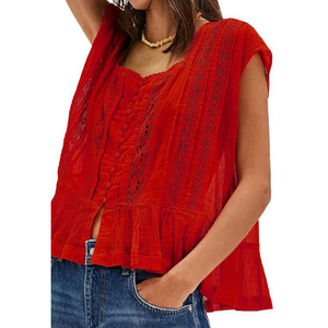 Camicetta Estiva 2026 per Donna in 95% Cotone 5% Spandex con Inserti in <span class=keywords><strong>Pizzo</strong></span>, Maniche Corte, Semi-Trasparente, Orlo a Volant e Bottoni - Product Image 6