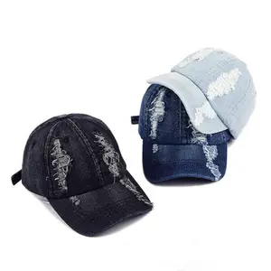 Topi Bisbol Denim Sobek Topi Kosong Kustom Hip-Hop Desain