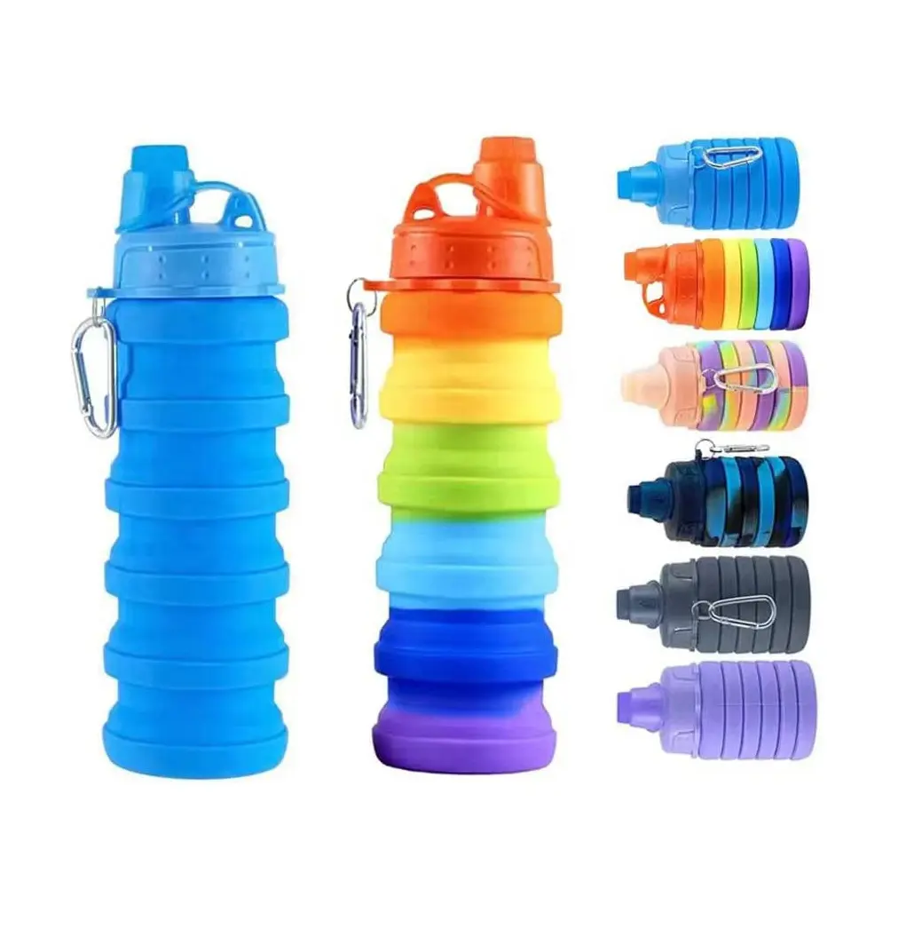 Amazon Hot Selling 500ML Reusable BPA Free Silicone Collapsible Water Bottle Portable Leakproof Hiking Travel Water Bottle