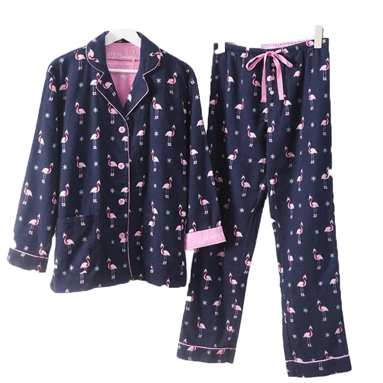 Grosir Set Piyama Baju Tidur Wanita Katun Dicetak Pakaian Santai untuk Piyama Musim Dingin Gaun Malam Pakaian Rumah