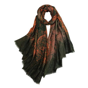 Bufanda Larga de Pashmina con Estampado Degradado de Lana Vintage, Verde y Naranja, Patrón Artístico, con Flecos Suaves - Product Image 1