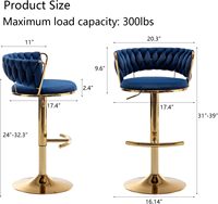 Ensemble de 3 tabourets de bar élégants en velours bleu, tabourets de bar à hauteur de comptoir avec dossier bas et pivotants en or pour îlot de cuisine