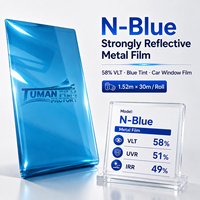 Film de protection solaire métallique bleu fortement réfléchissant Tuman pour vitres de véhicule, 58% VLT, 51% UVR, 49% IRR, rouleau de 1,52 m x 30 m, en stock