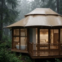 Tente de glamping de luxe avec membrane tensile en PVDF 1050g et mur en verre à rupture de pont thermique, idéale pour hôtels, éco-resorts et séjours en montagne.