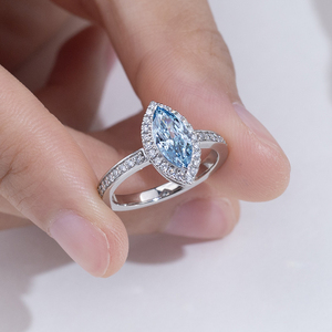 Messi Jewelry MSR-2060 PT950 Marquise Cut Halo Blue Lab Grown <b>Diamond</b> <b>Ring</b> for Party - Product Image 5