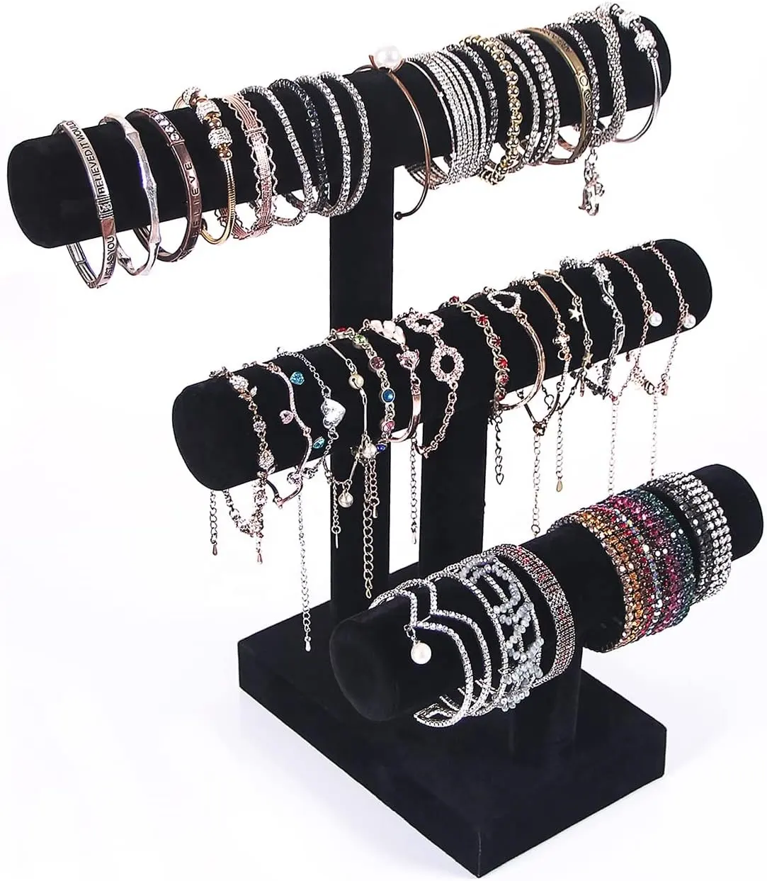 3-уровневый черный Т-образный браслет, стойка для ювелирных изделий, органайзер для ожерелья, браслета, резинки для часов, элегантная металлическая стойка