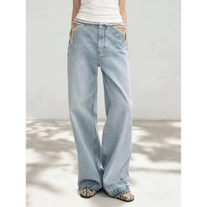 Jeans a gamba larga in denim di cotone traforato con strass a stella, stile western chic e sexy, con orlo grezzo, <span class=keywords><strong>pantaloni</strong></span> dritti, Collezione Estiva 2026, <span class=keywords><strong>per</strong></span> il commercio all'ingrosso - Product Image 1