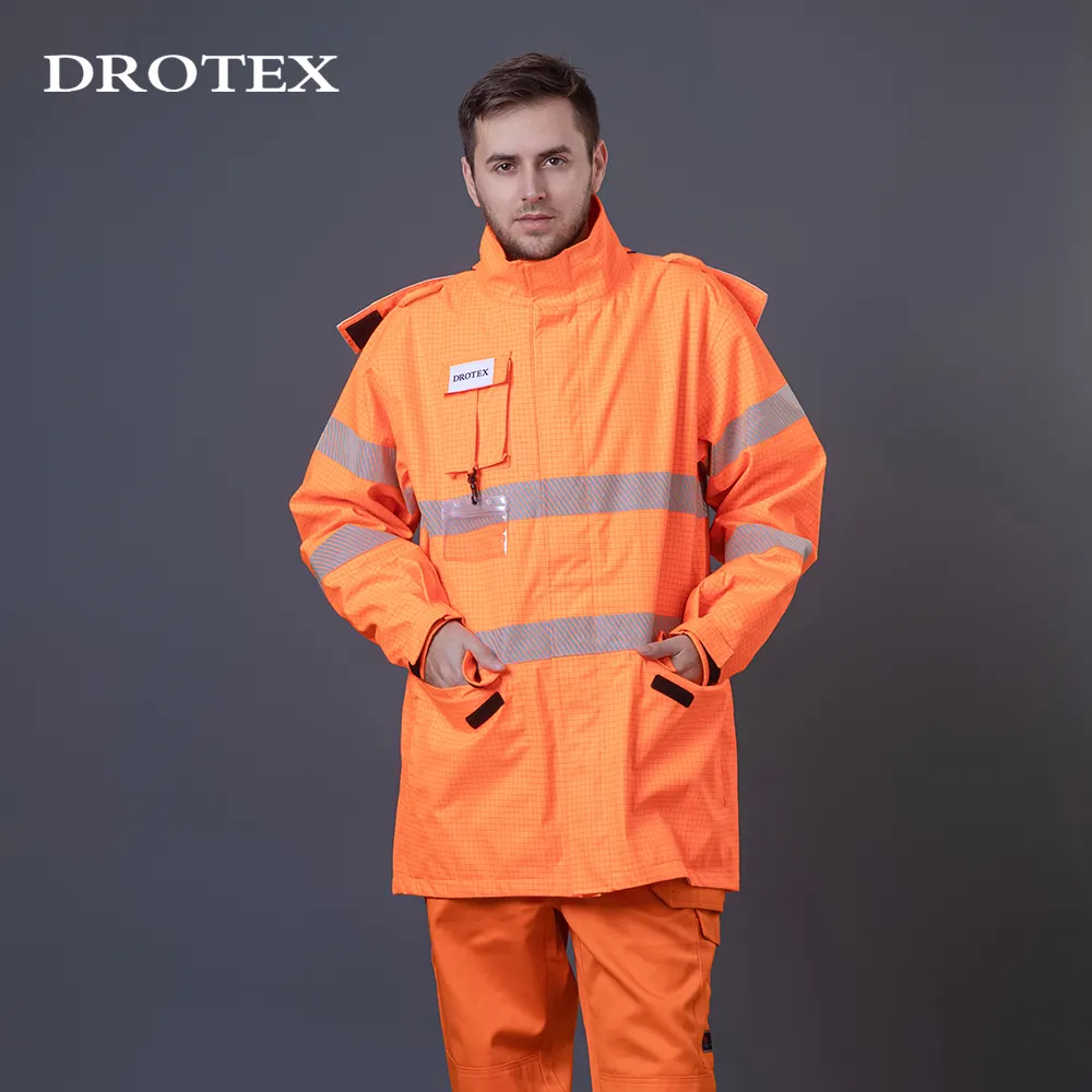 Work Wear Safety Clothes Hivis Flame Retardant Anti-static Waterproof 300d Oxford Reflective Fire Resistant Raincoat Jacket Men