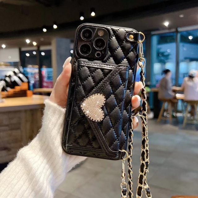 Women Love Diamond Crossbody Leather Card Holder Mobile Phone Case for iPhone 15 Pro Max Wallet Case for iPhone 15 Strap Case