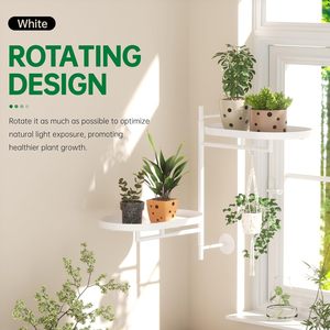 Rotating window <b>shelf</b> for various indoor plants, 2-tier metal corner white plant support, floating wall <b>shelf</b>. - Product Image 2