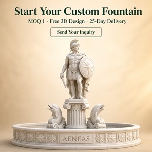 Dekorativer Marmorbrunnen: Aeneas-Krieger-Statue mit Helm und Schild, Wasserspiel mit Delfin für Hotel, Plaza, Garten, Park und Grundstück - Product Image 6
