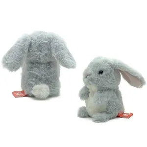 Mainan hewan peliharaan telinga merah muda untuk anak-anak, mainan binatang mewah lembut kelinci abu-abu berbicara lucu ukuran 9*9.5*14cm